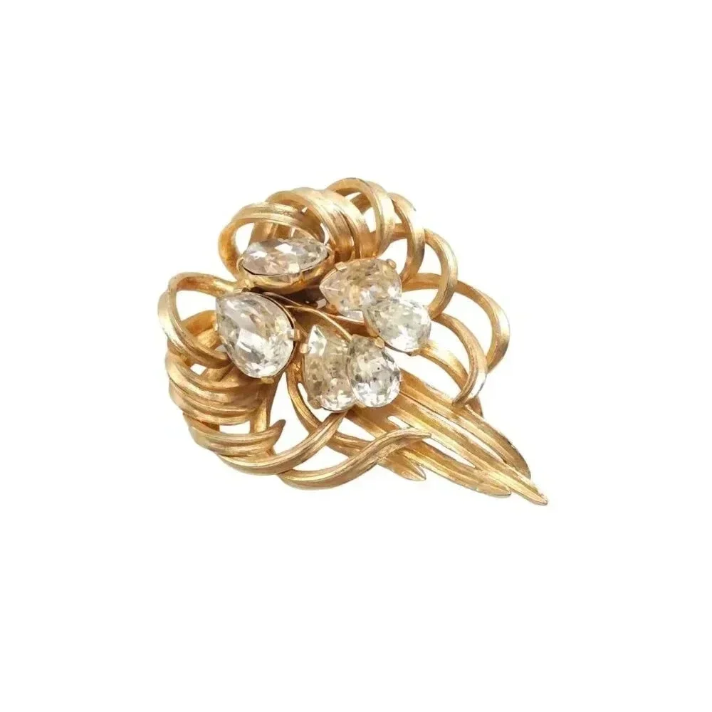 Crystal Textured Leaf Filigree Brooch Pin Gold Tone Vintage